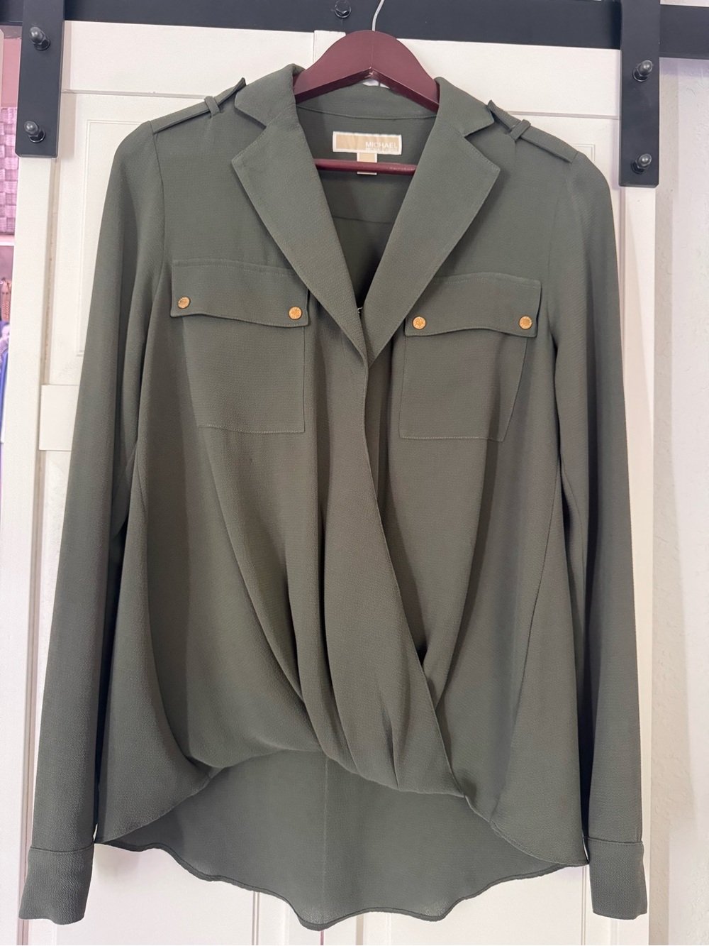 MICHAEL Michael Kors XS Olive Green Surplice Utility Blouse Gold Hardware